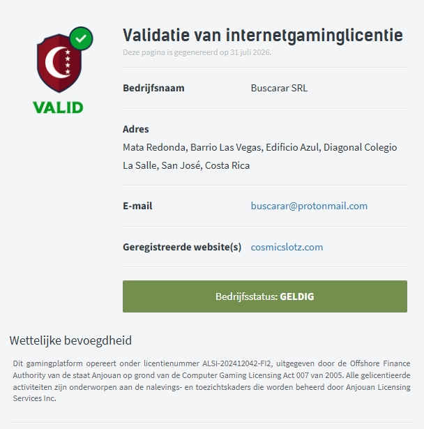 Validatie van de internetgaminglicentie van CosmicSlotz Casino