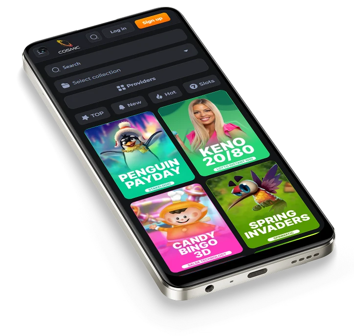 Mobiele versie van CosmicSlotz Casino met responsief spelaanbod op een smartphone