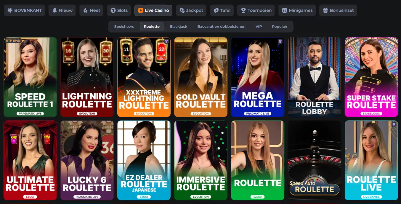 Live Casino van CosmicSlotz met roulettetafels en spellen van Evolution, Pragmatic Live en andere aanbieders