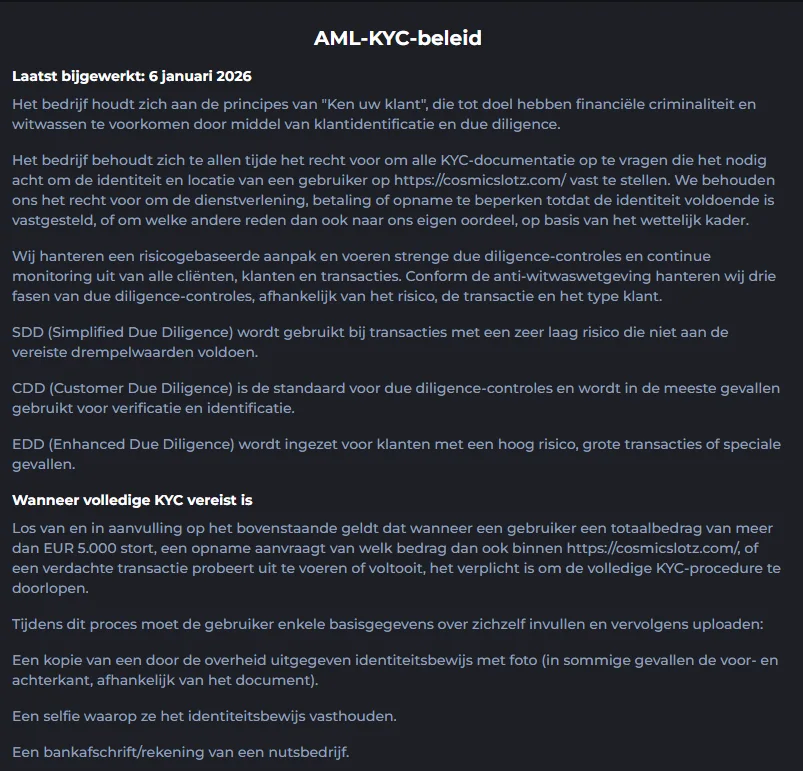 AML- en KYC-beleid van CosmicSlotz Casino voor identiteitsverificatie
